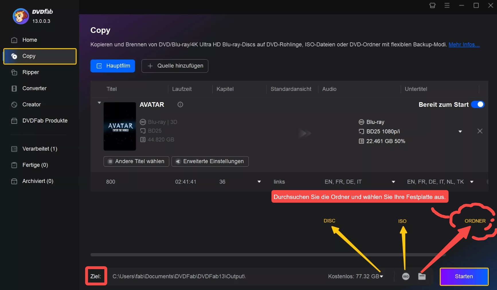 Blu-rays auf festplatte kopieren mit DVDFab Blu ray Copy: Kopieren starten
