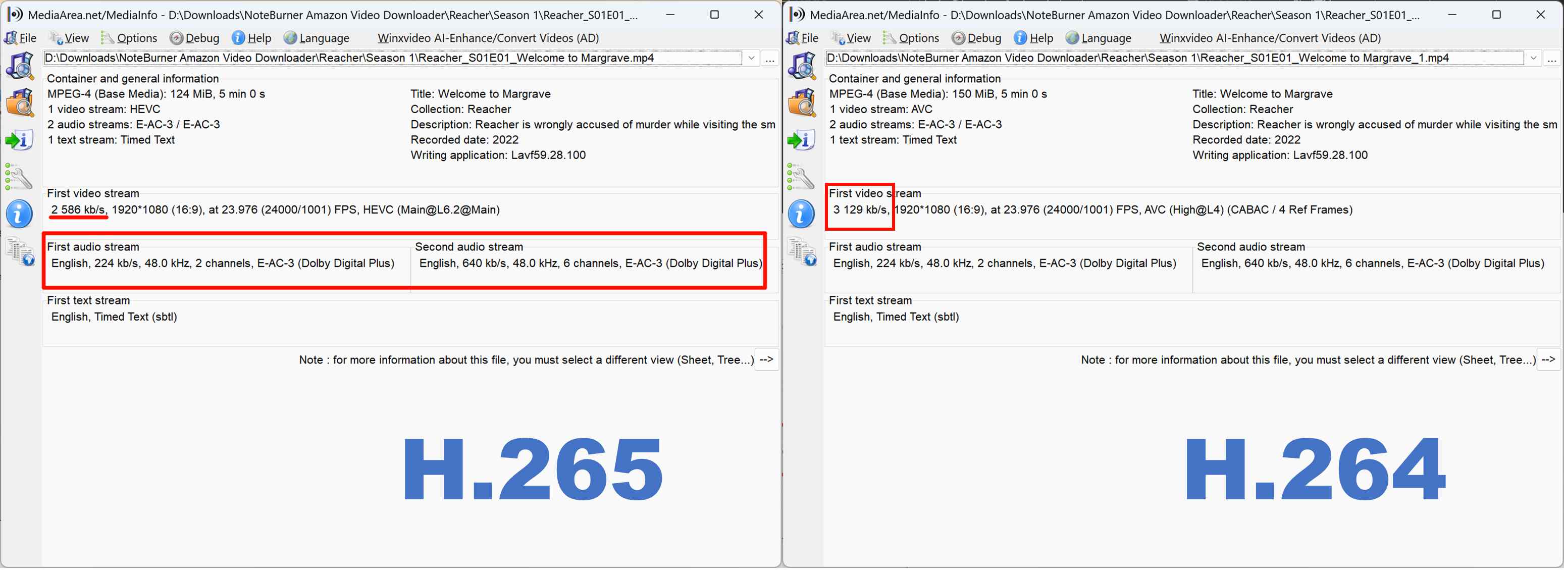 noteburner amazon video downloader review: output quality test via mediainfo