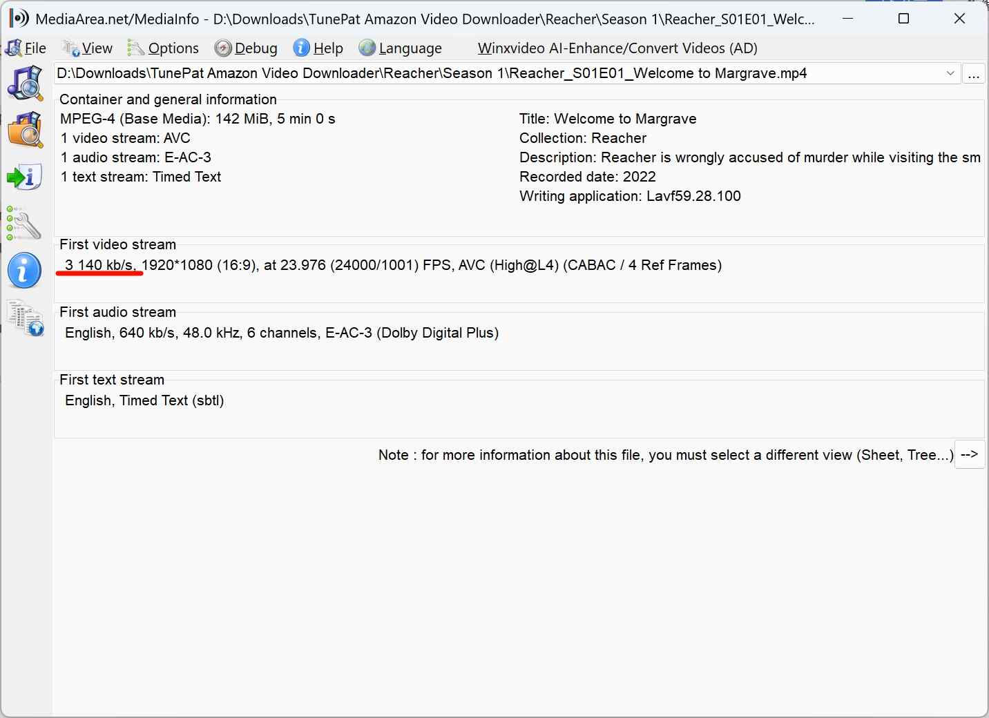 tunepat amazon video downloader review: a mediainfo screenshot of tunepat downloads