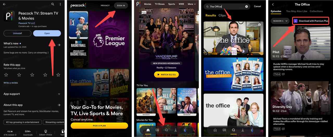 the official work flow to download from peacock on mobile via the peacock app