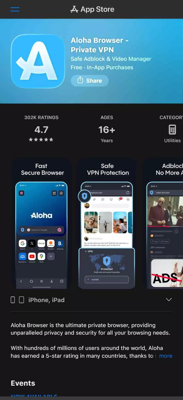a screen shot of aloha browser in app store