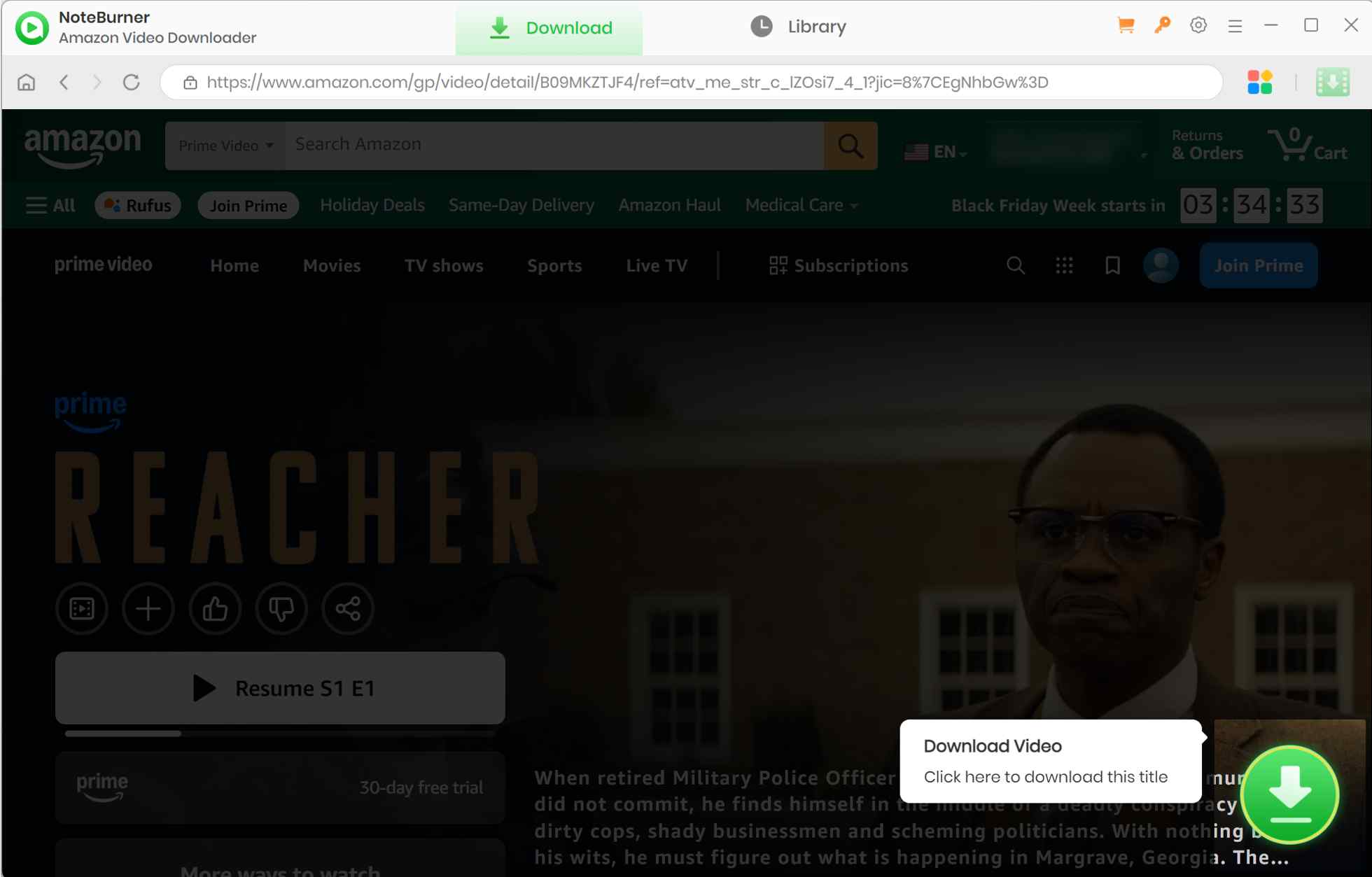 noteburner amazon video downloader review: how to use it step 2