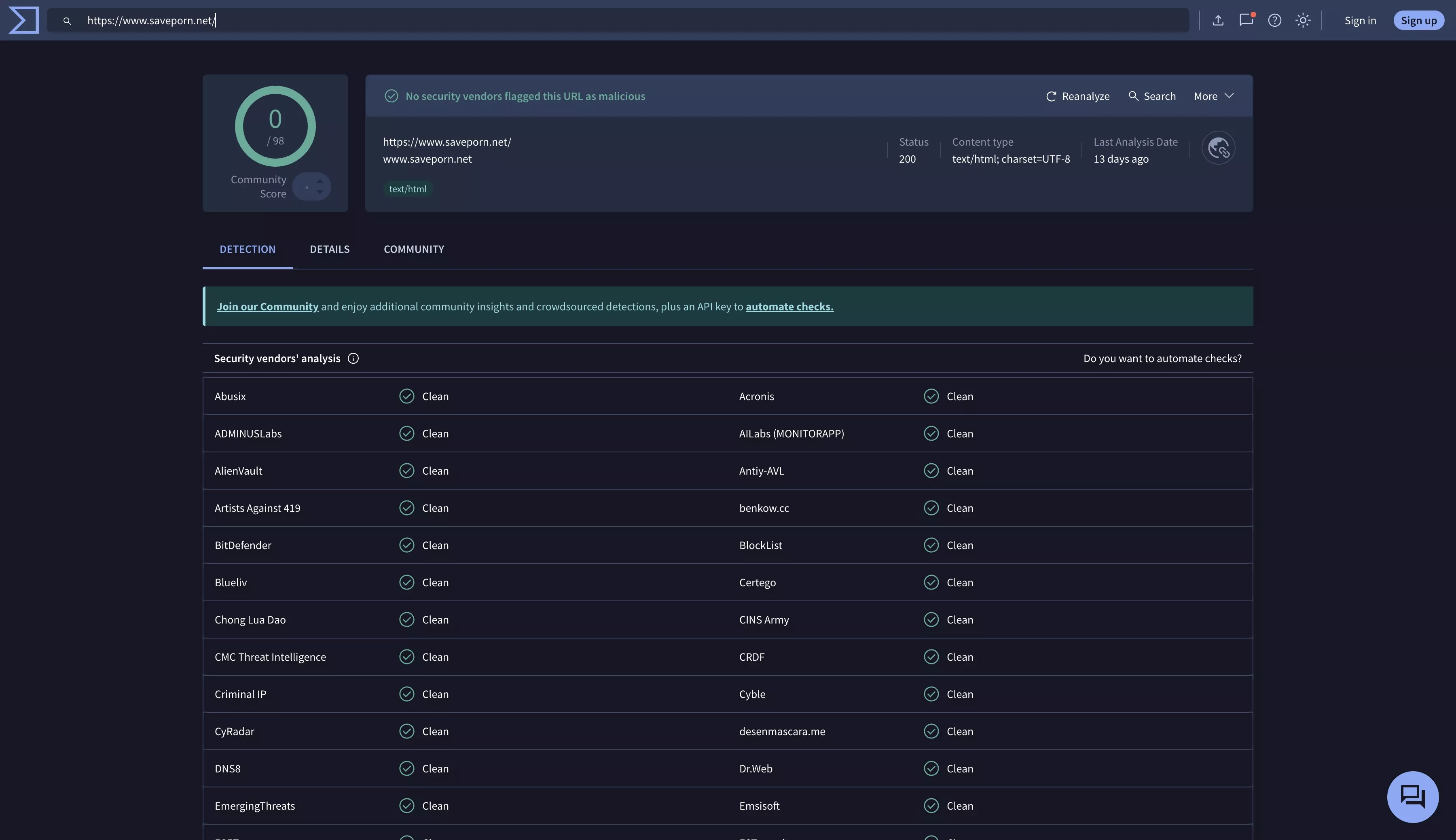  We've scanned the website and VirusTotal says it's all clear—no viruses. Remember to download videos only from the [https://www.saveporn.net/].