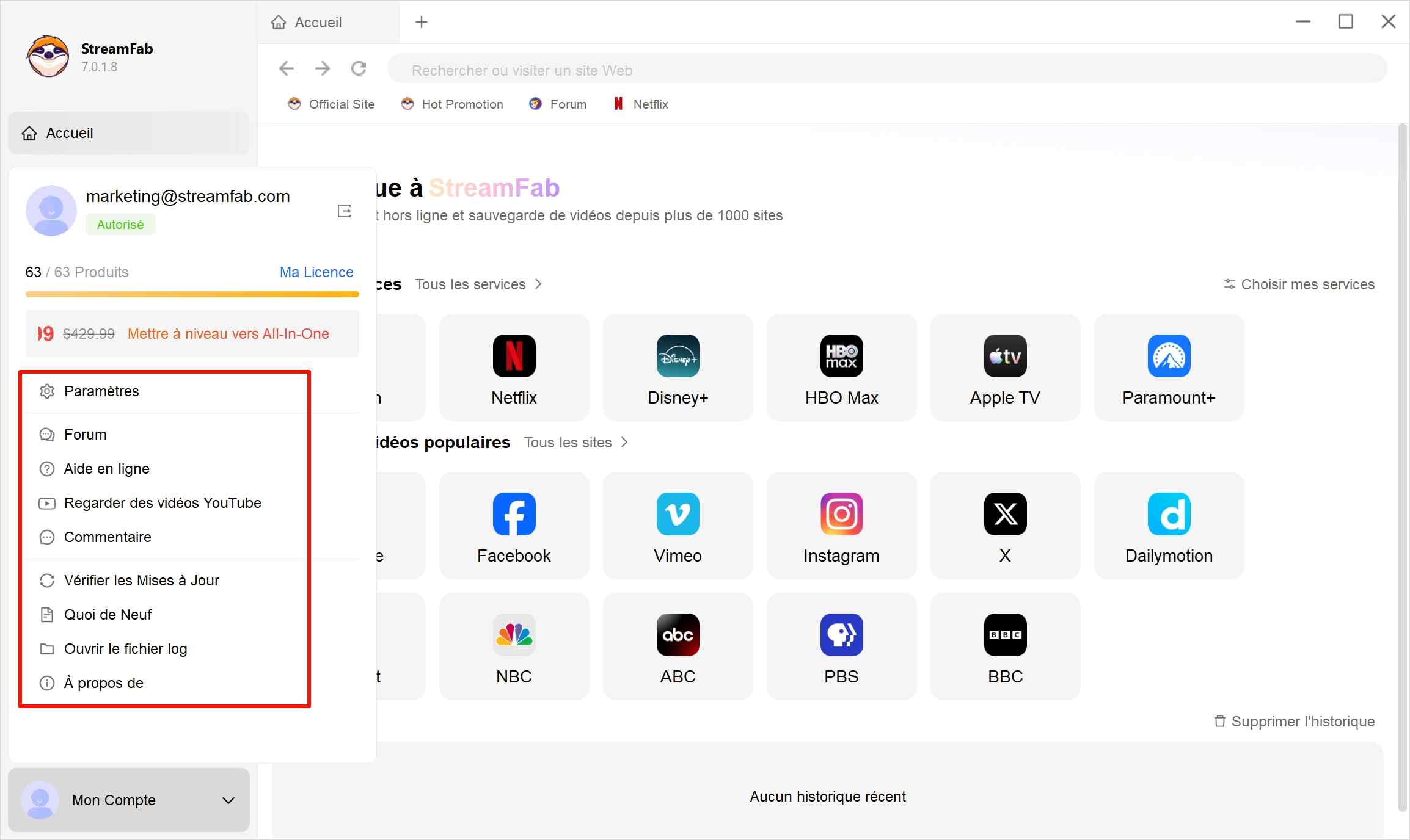 comment utiliser streamfab: hamburger menu