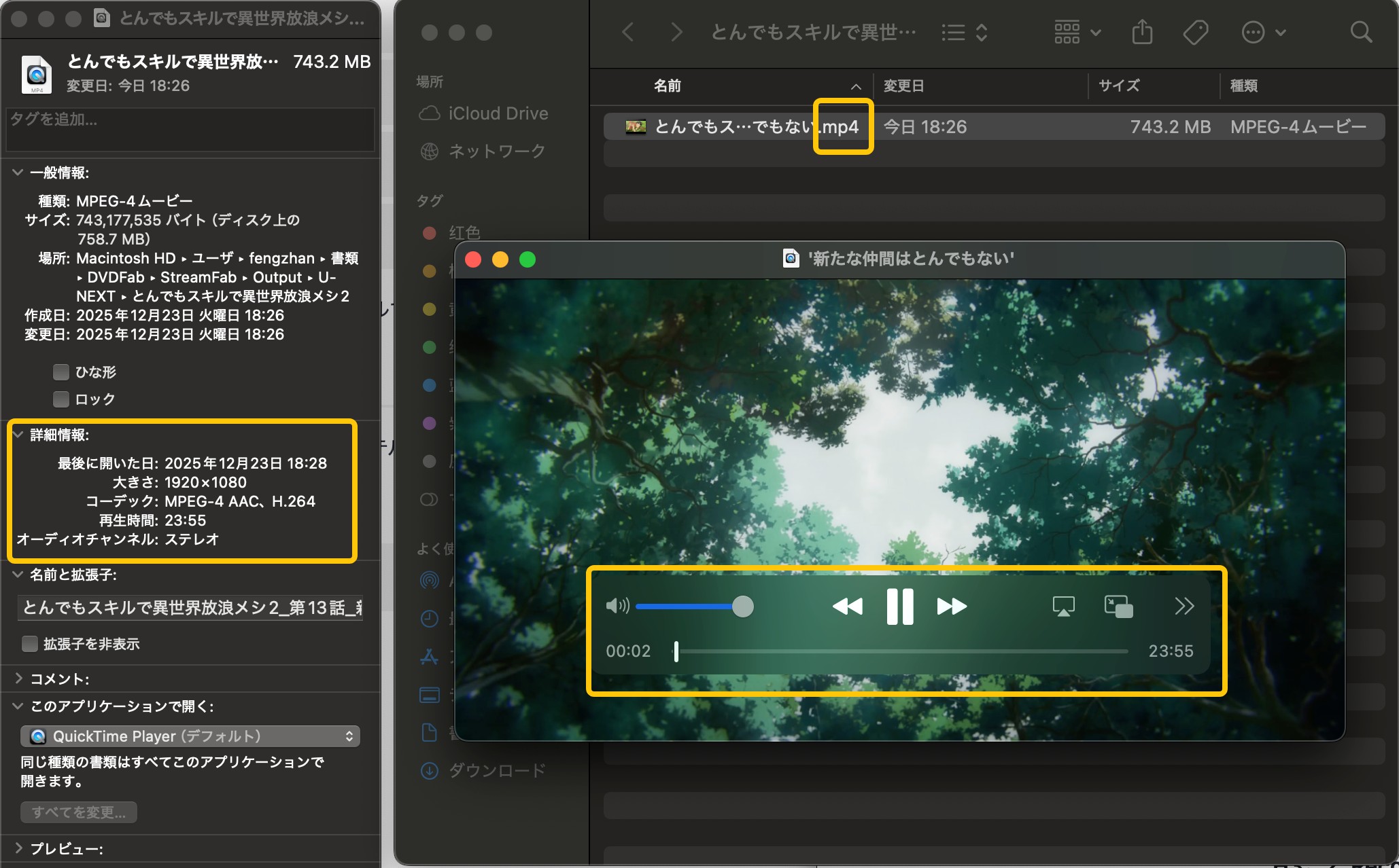StreamFabでのダウンロード完了画面とファイル属性：1080p、743MBのMP4ファイル
